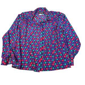 VTG Notations purple pink teal geometric button up blouse. Size 6P. 1980s, 1970s